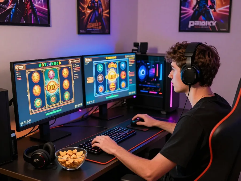 Engaged player enjoying hoki slot games in a vibrant gaming setup.