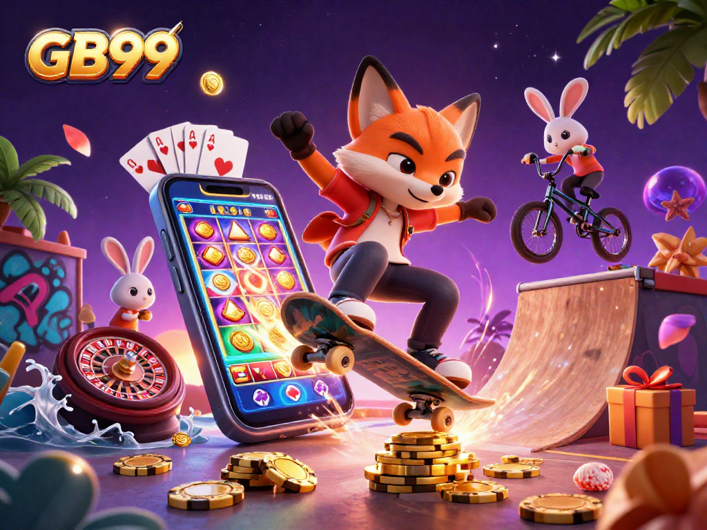 GB99 features a vibrant 3D fox skating over poker chips in a lively casino-themed scene.