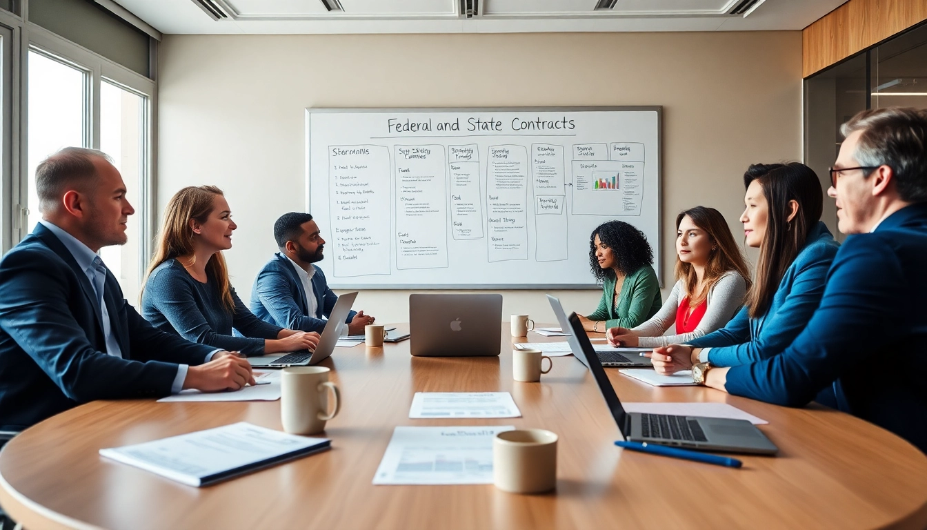 Team collaborating on Federal and State contracts in a modern office setting.