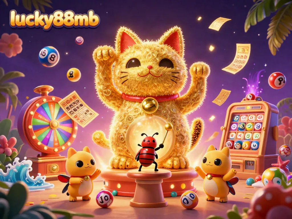 Engage in thrilling gameplay at lucky88mb with a vibrant illustration showcasing a golden lucky cat amidst dynamic casino symbols.
