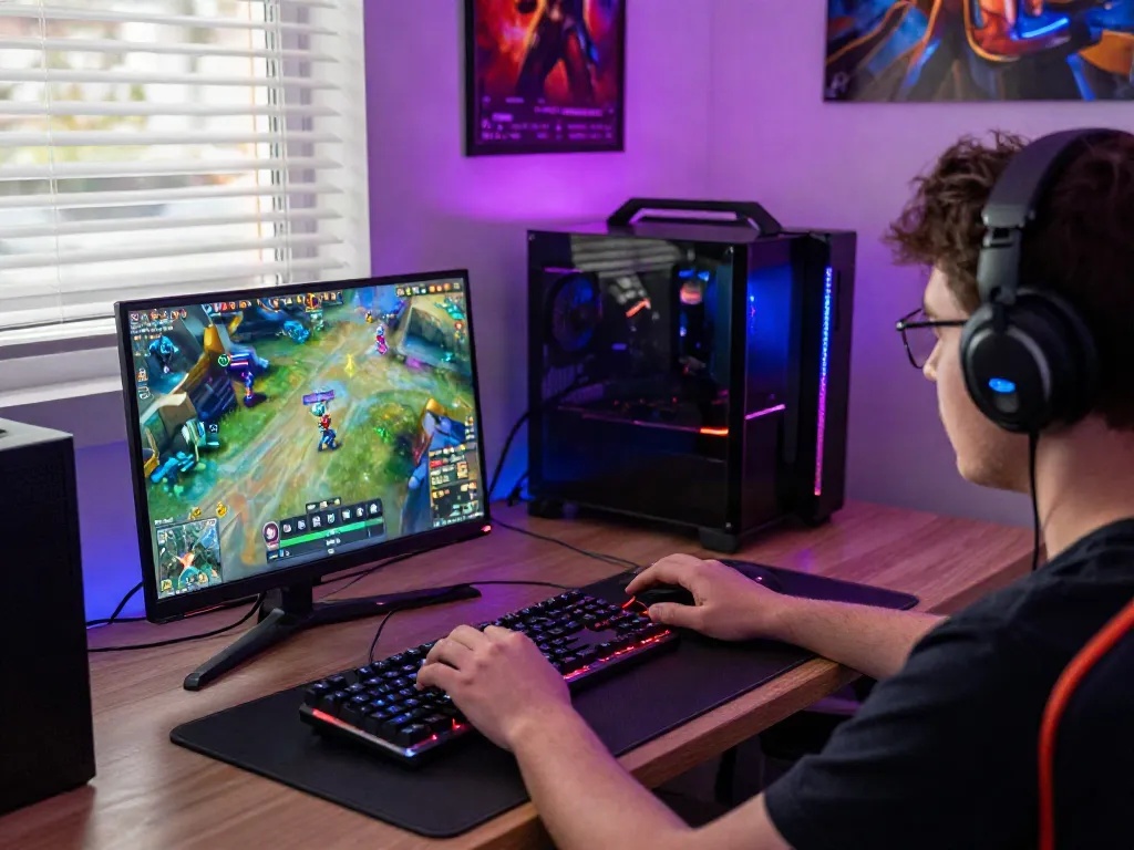 Engaged gamer enjoying ku88 esports on a colorful setup.
