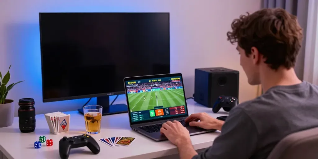 Individual enjoying sports betting on https://fabet.com.mx/ with laptop, gaming paraphernalia, and sports event on screen.