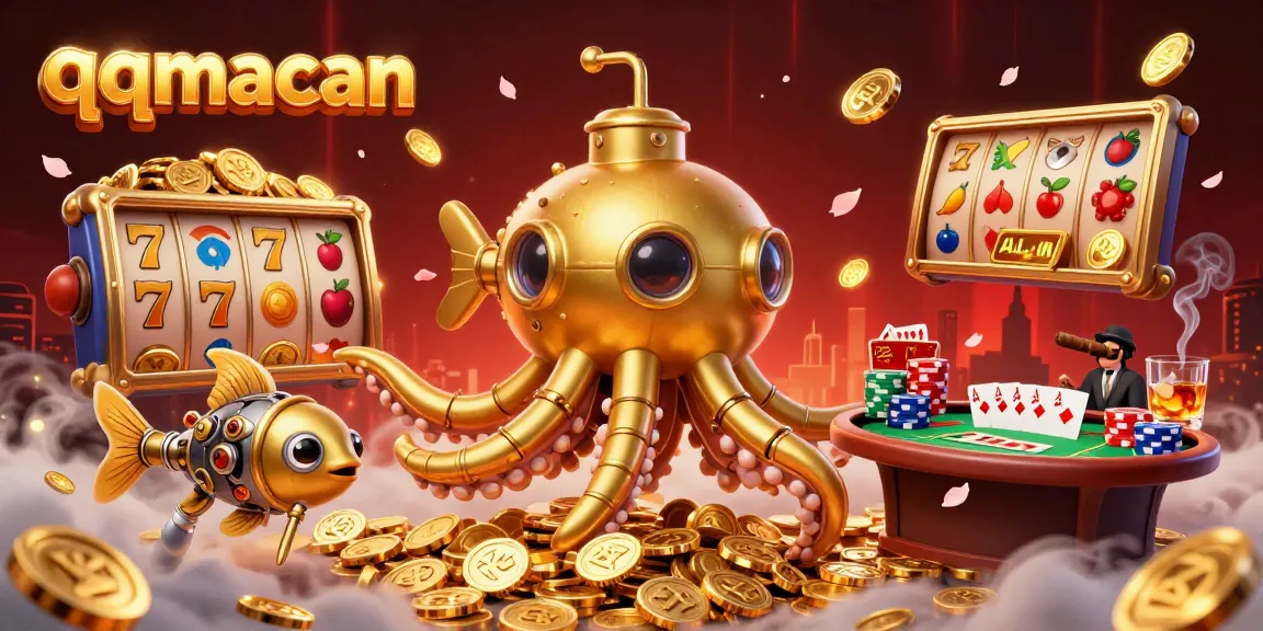 Experience winning with qqmacan while enjoying a vibrant casino scene filled with gold coins and poker elements.