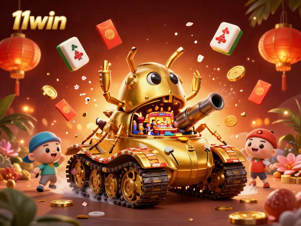 Play at 11win with a vibrant 3D casino scene featuring a golden beetle tank and exciting game elements.