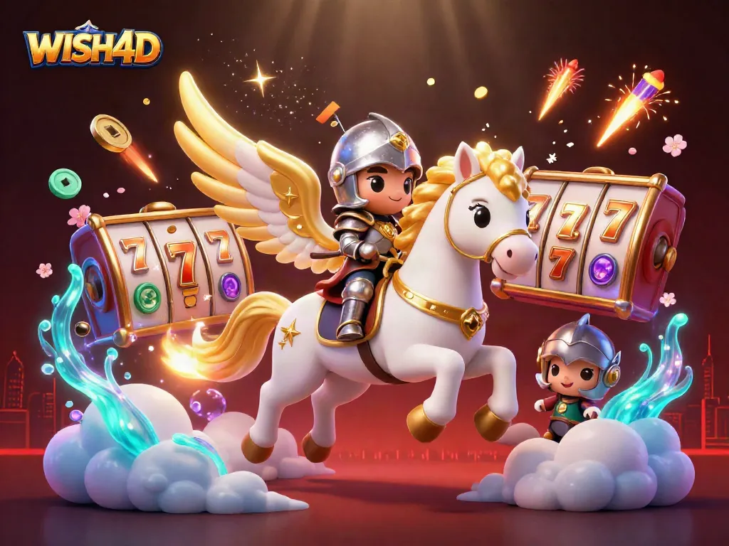 Experience the excitement of WISH4D with a vibrant scene of a knight on a celestial horse amidst slot reels and festive elements.