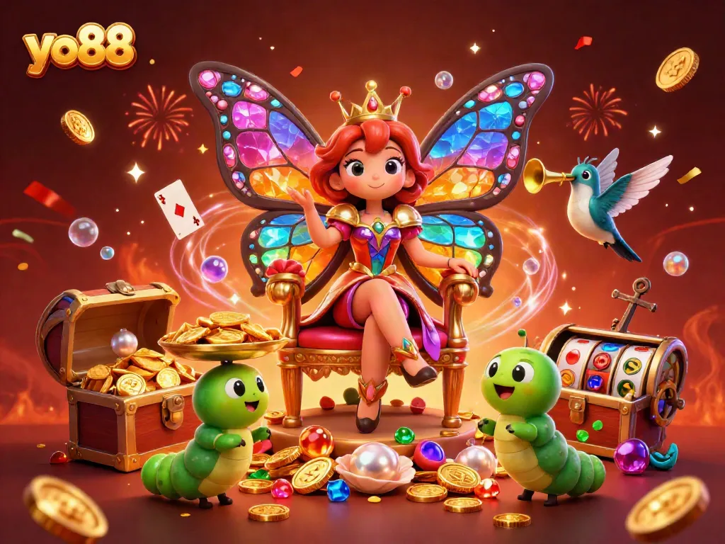 Experience the vibrant casino world of yo88 with the butterfly queen and gaming elements in a rich, lively scene.
