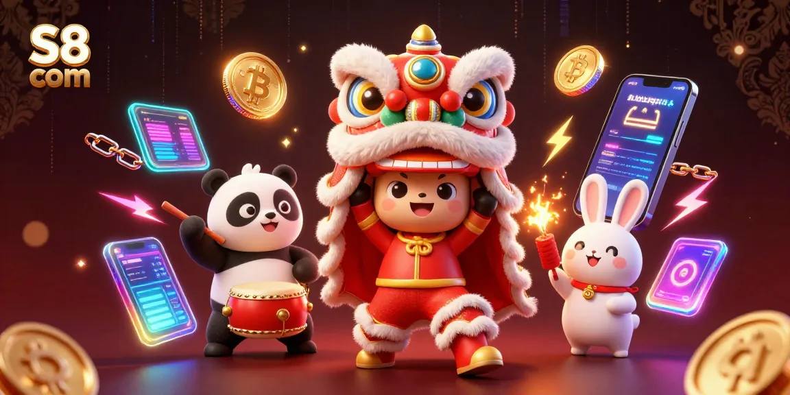 S8 com showcases a vibrant 3D casino scene featuring animated characters celebrating with cryptocurrencies and festive decorations.