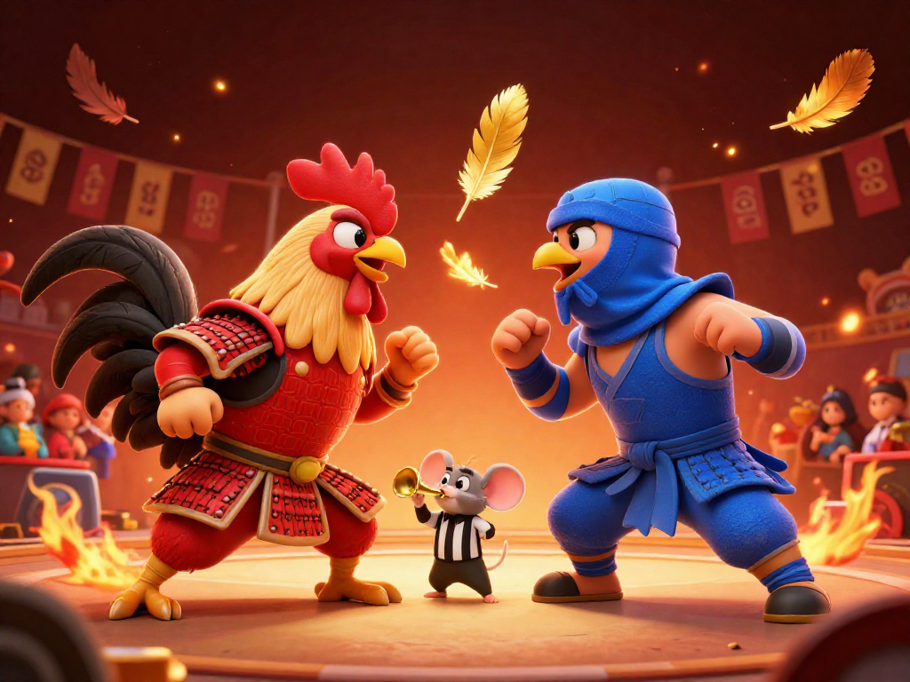 Witness twin roosters in samurai armor and ninja gear engage in xoi lac-style combat amidst dynamic flames.
