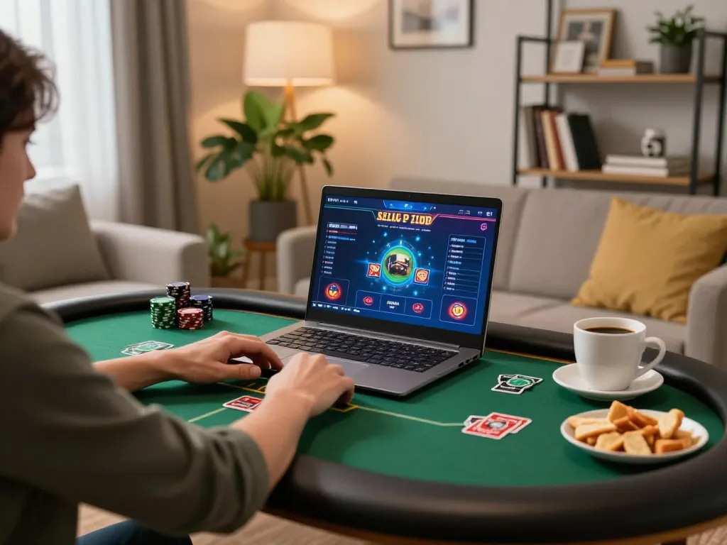 Nha cai uy tin gaming setup with person engaged in online poker, cozy home atmosphere for strategic play