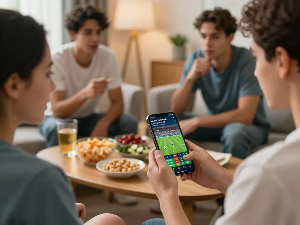 Engaging user interacting with smartphone app for lịch thi đấu bóng đá during a friendly sports betting session.