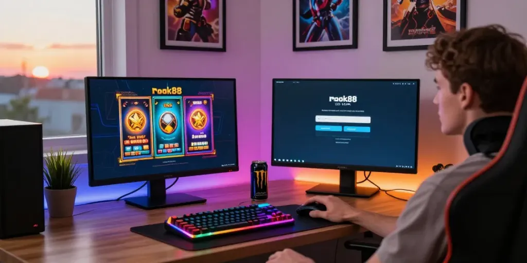 Engaging user during rokok88 slot login in a vibrant home gaming setup.