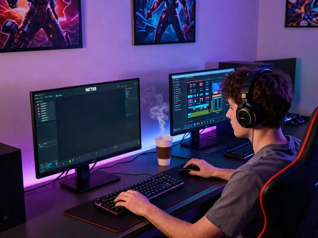 Focus on a gamer using https://net88.broker/ in a vibrant gaming setup to enhance the immersive online experience.