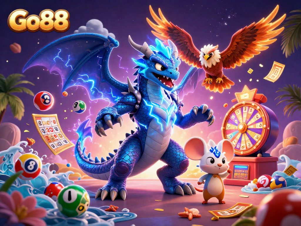 Engage with Go88 and experience thrilling games with a magical thunder dragon and vibrant lottery elements.