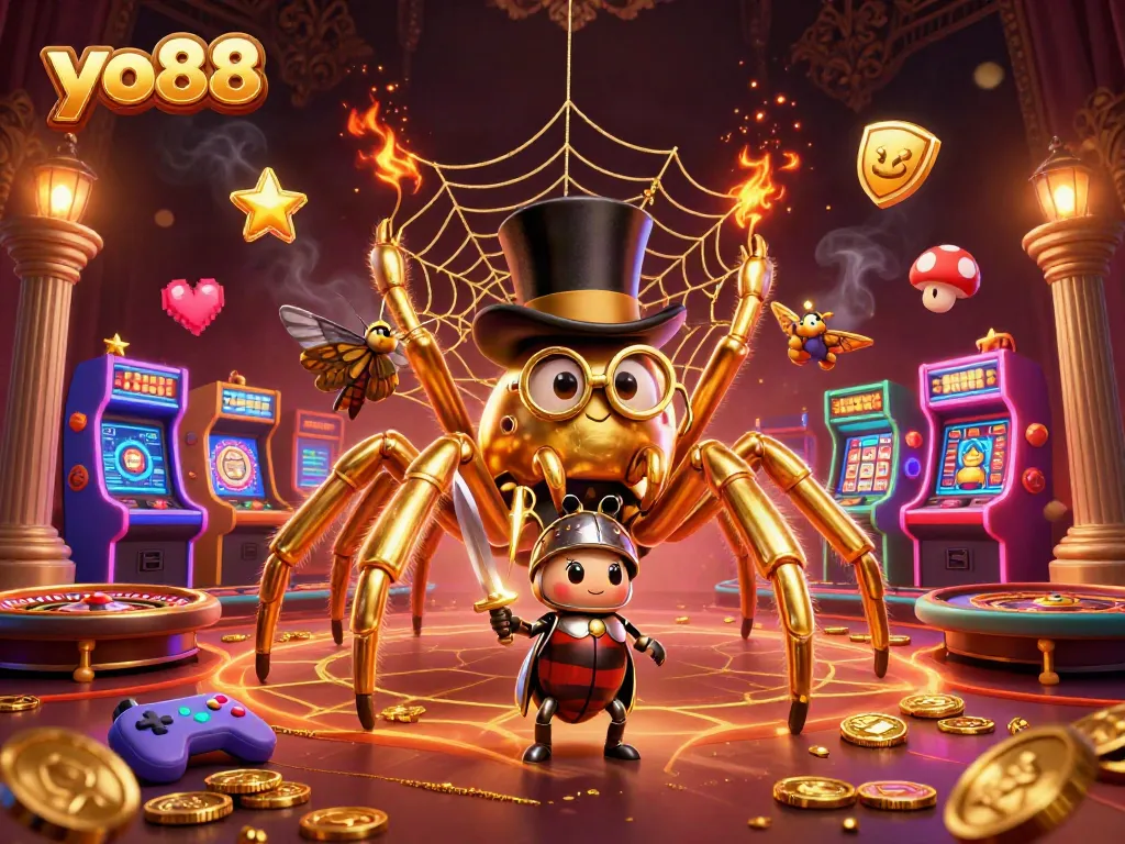 Engage in thrilling gameplay at yo88 with a golden tarantula and brave beetle knight in an immersive casino scene.