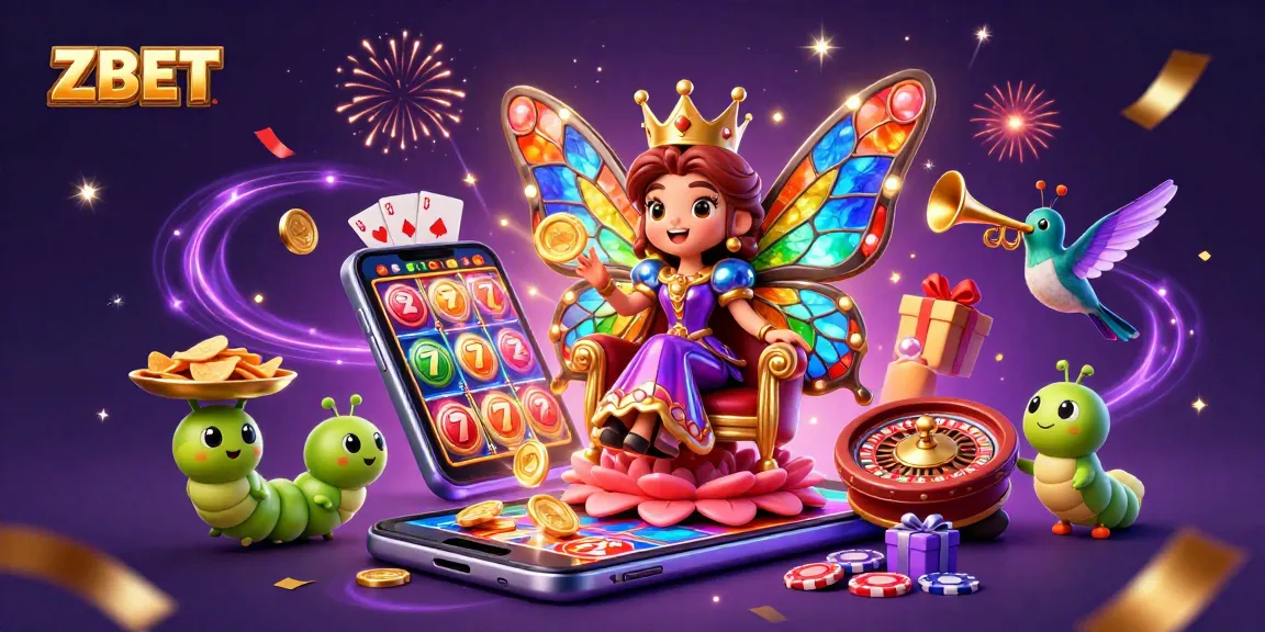 ZBET captures the excitement of winning with a vibrant 3D casino scene featuring a butterfly queen and slot games.