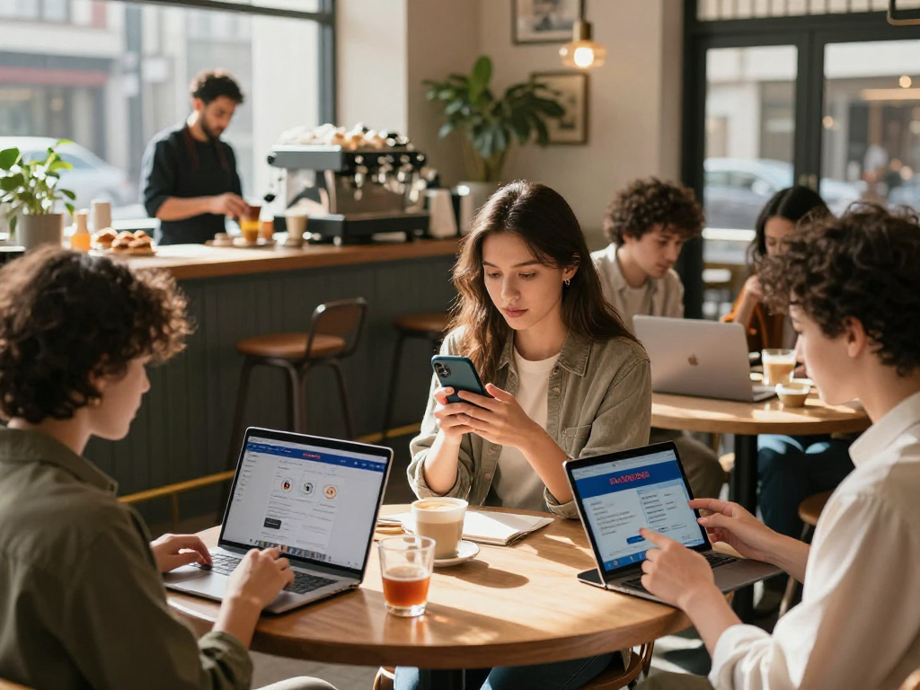 Users engaging in rokok88 login at a café with mobile devices and laptops