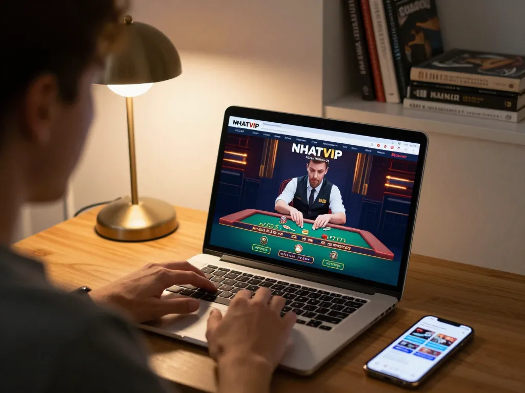 Engaging in live dealer games on NHATVIP casino at home, showcasing strategic gameplay with a laptop and mobile app.