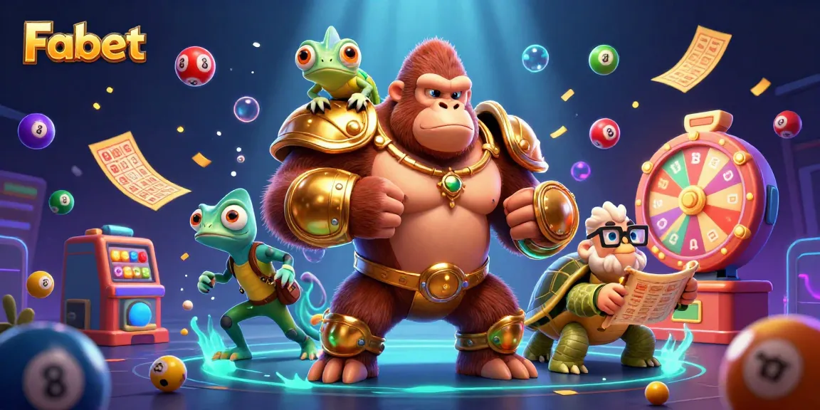 Fabet casino scene featuring a powerful gorilla king, colorful lottery elements, and a wise tortoise elder.