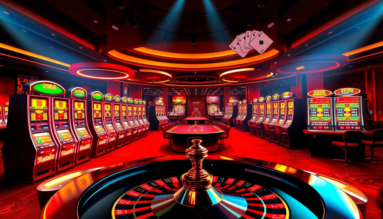 Experience the excitement of gambling on Trang Chủ FB88 with vibrant casino visuals showcasing tables and slot machines.