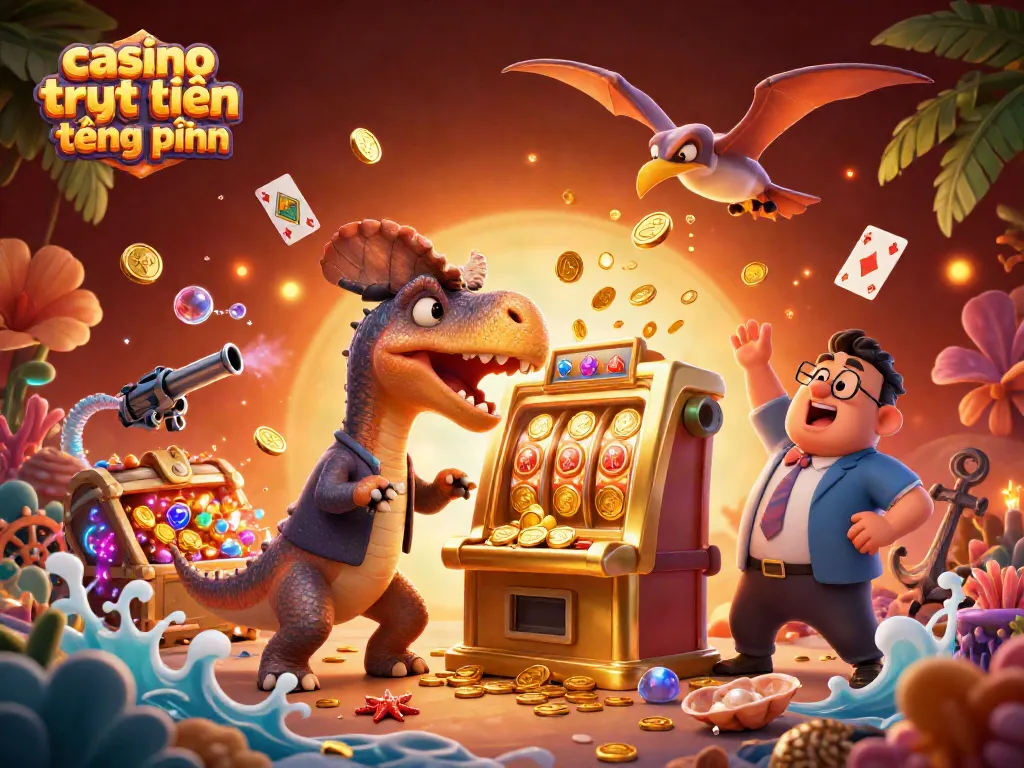 Thưởng jackpot từ casino trực tuyến tặng tiền với hình ảnh dễ thương của khủng long.