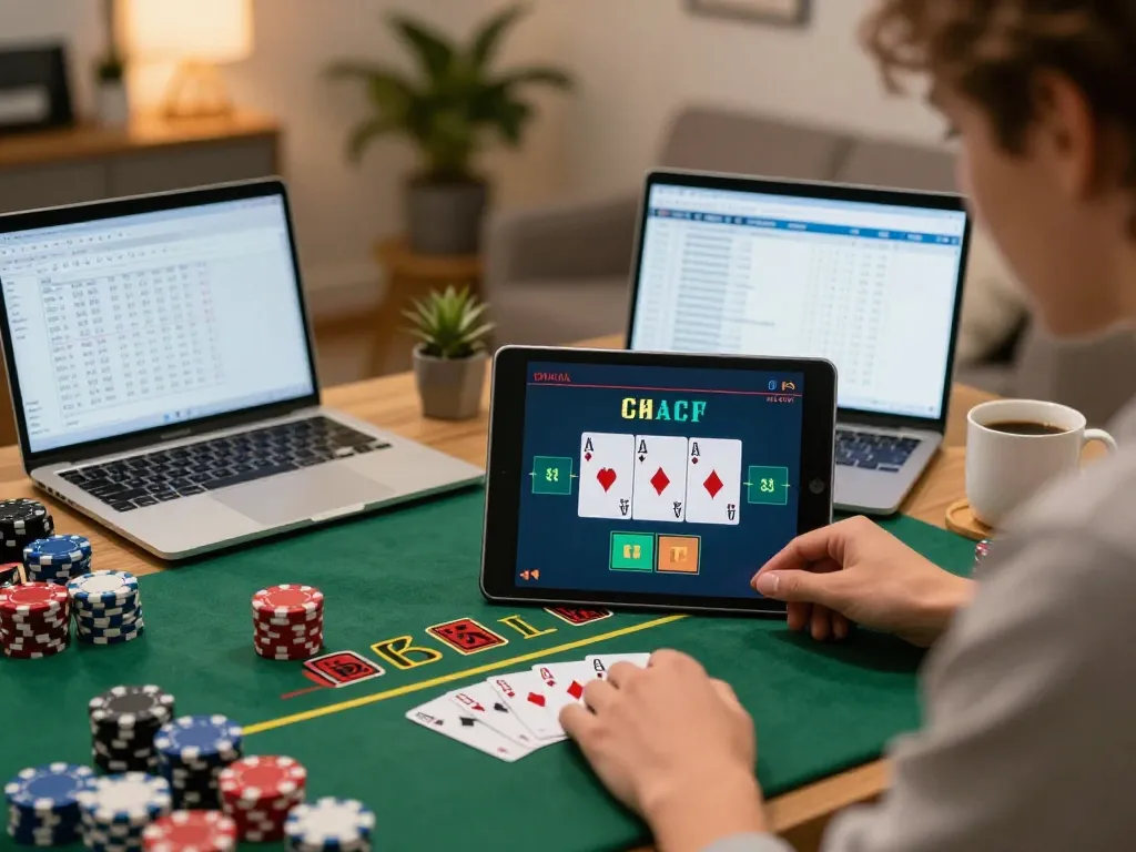 rokok88 user engaging in strategic blackjack play on tablet in home office environment