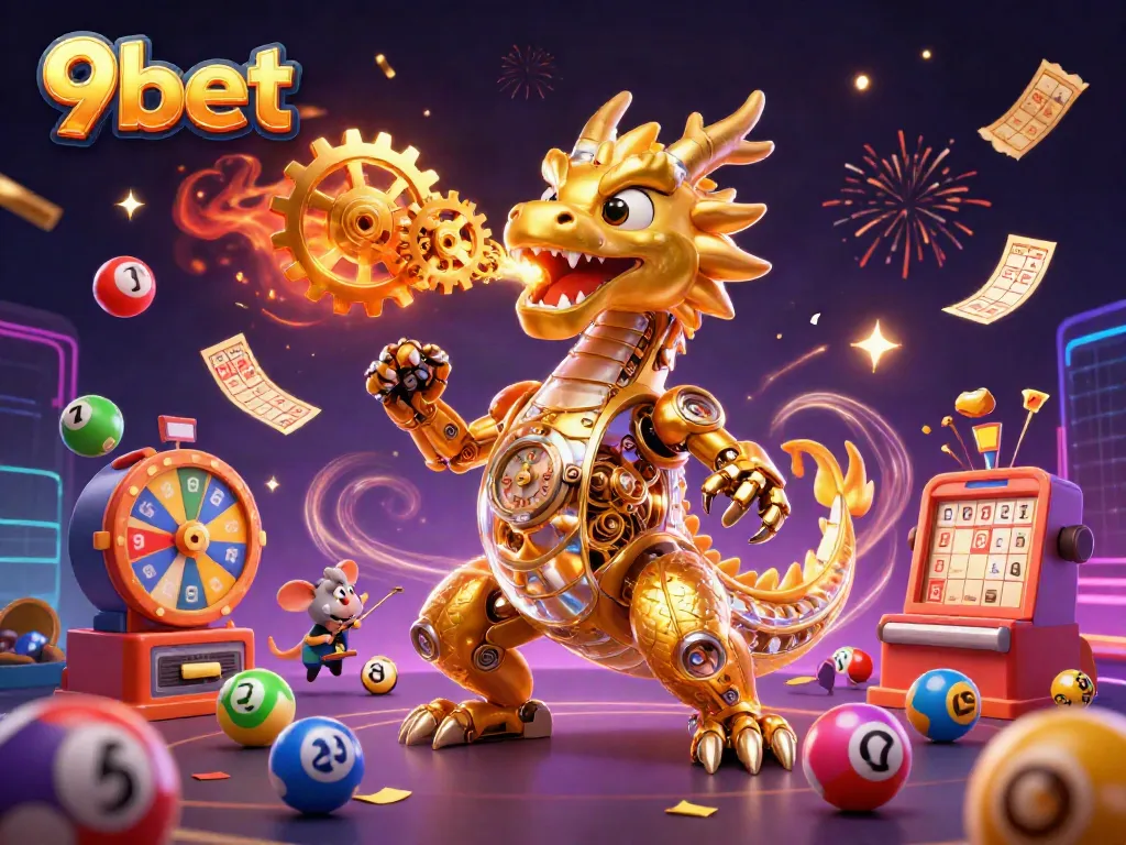 Engage with exciting games at 9bet with a dynamic illustration of a biomechanical dragon and gaming elements.