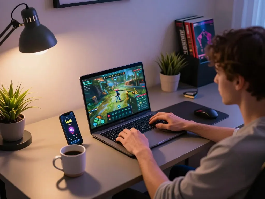 Engaged player strategizing with kp 88 while gaming on modern laptop at home