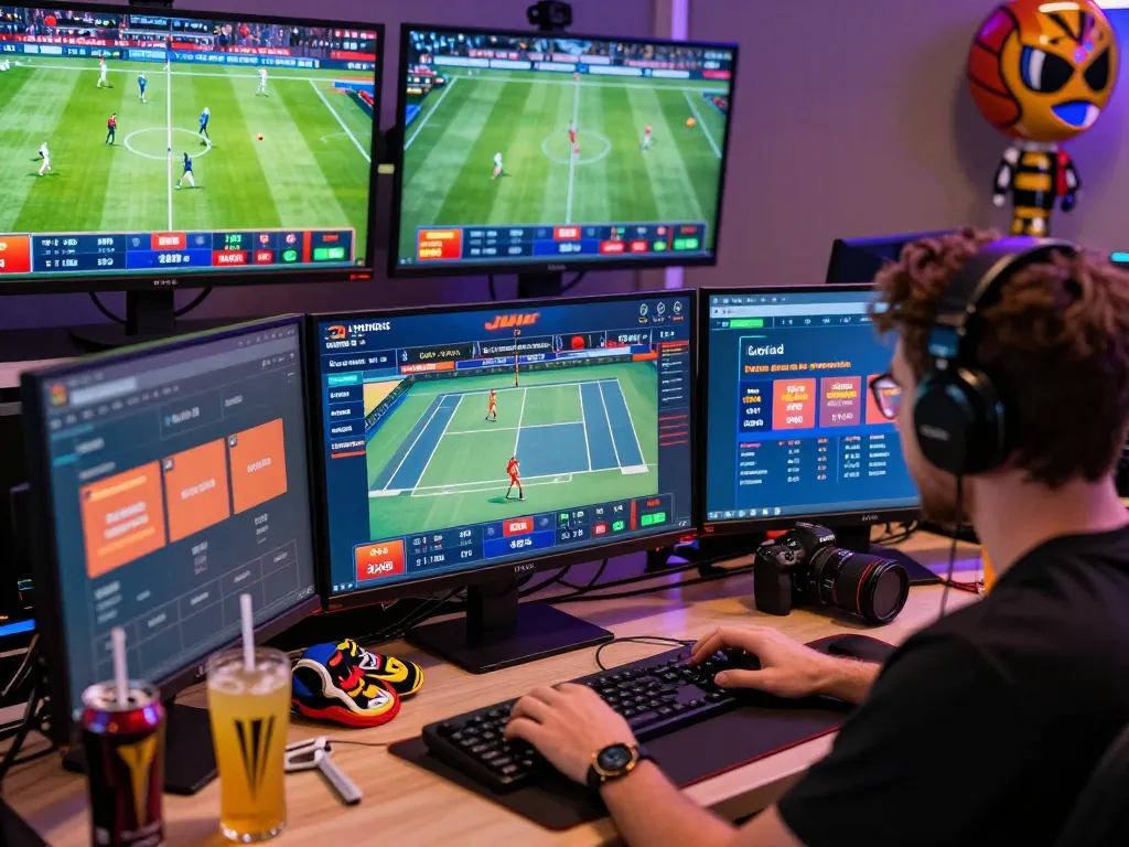 Engaging scene of Thể thao hubet88 sports betting with vibrant screens and enthusiastic player.