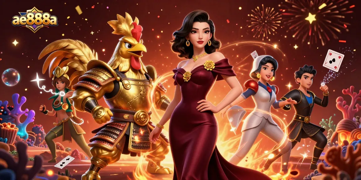 Experience thrilling cockfighting at ae888a with a dynamic scene of warriors and casino elements.