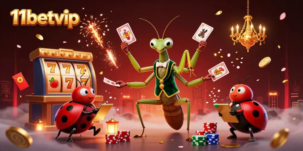 Engage in thrilling slots action at 11betvip with vibrant casino elements and characters.