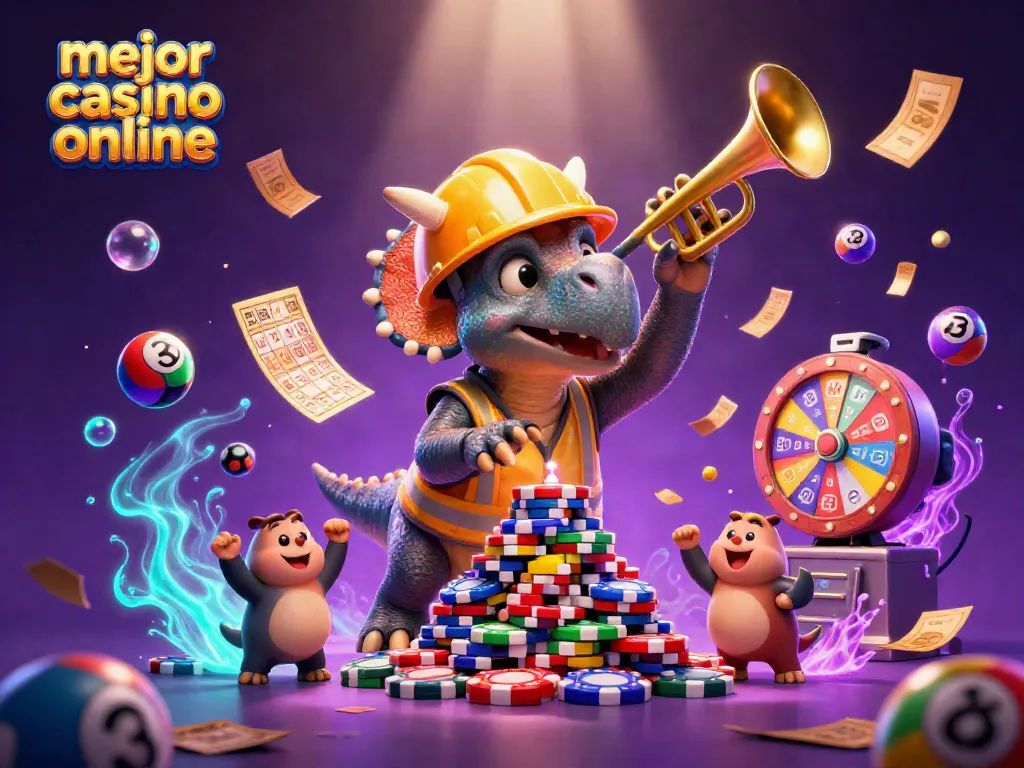 Juego en el mejor casino online con triceratops construyendo un chip de póker y dinosaurios festejando