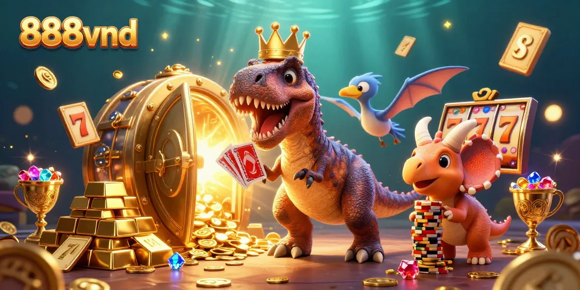 Experience the thrill of 888vnd slots with a whimsical T-Rex shuffling cards and stacking chips.