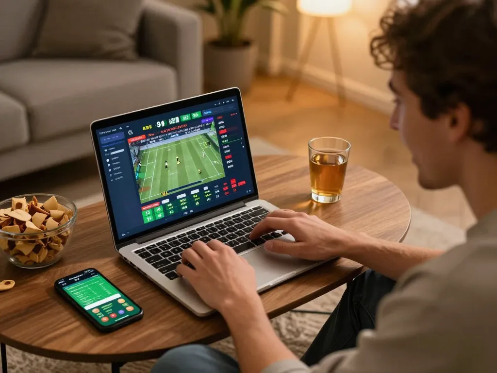 Xoilac user placing sports bets from home, showcasing online betting excitement and strategy.