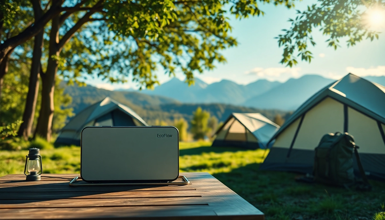 EcoFlow power station showcased in a vibrant outdoor setting with camping gear.