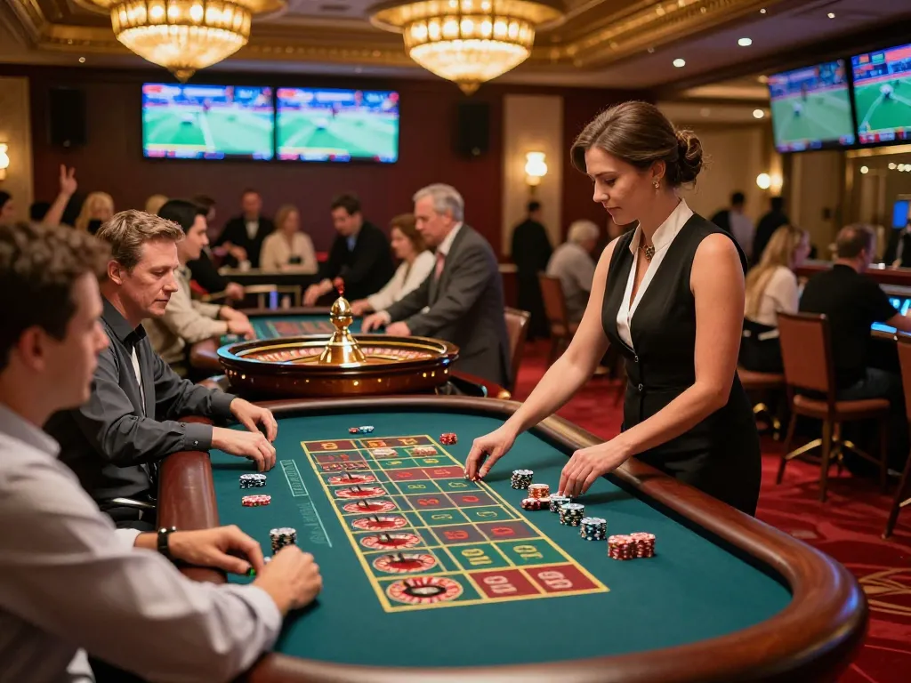 Experience the excitement at 壹發娛樂 with players engaged at a lively roulette table in a luxurious casino.