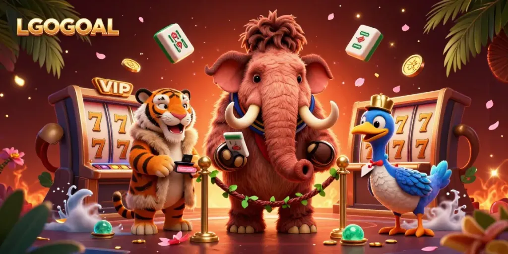 Experience LGOGOAL casino excitement with a vibrant scene featuring a woolly mammoth bouncer and a saber-tooth tiger VIP among slot reels.