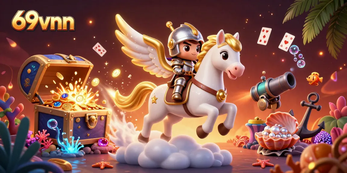 Experience dynamic gaming elements with the 69vnn celestial horse and treasure vibrant scene.
