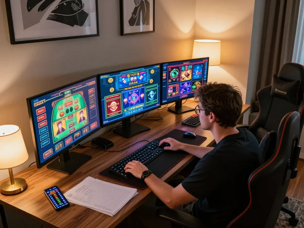 Player strategizing on CM88 with multi-screen online casino setup, colorful games displayed, warm ambiance