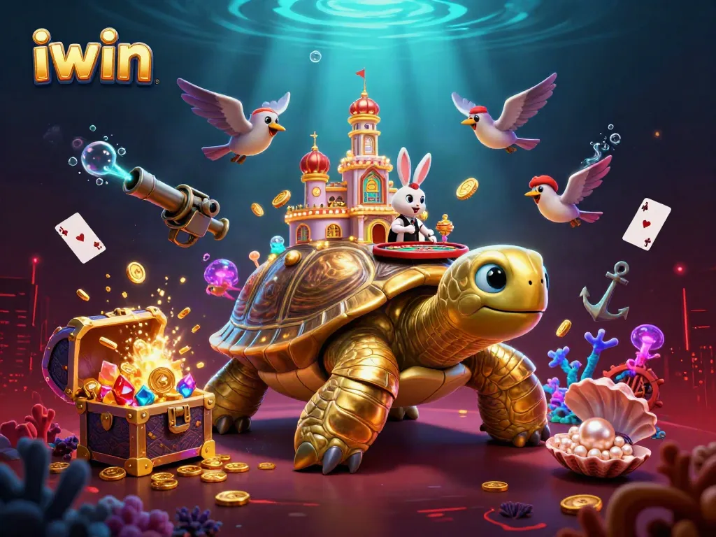 Engage in exciting poker action with iwin's cartoon golden tortoise casino fantasy scene full of vibrant treasures.