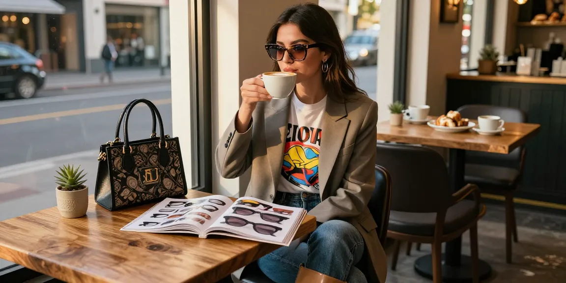 Fashionable woman wearing óculos de grau feminino enjoying coffee in urban café