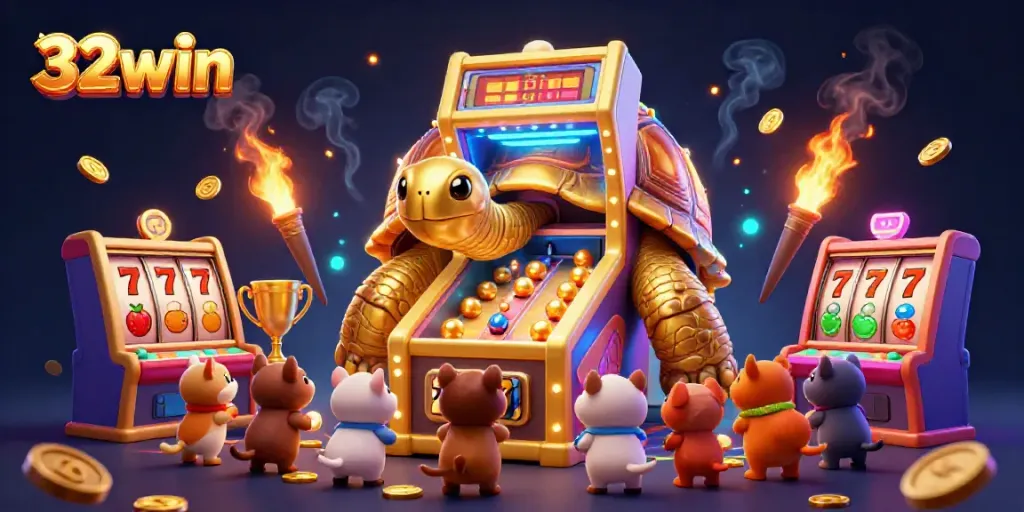 Experience the excitement of 32win with a golden tortoise-themed pinball machine amidst dynamic slots and vibrant casino elements.