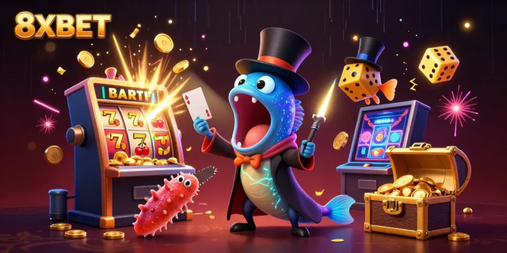 Experience the thrilling magic of 8XBET with deep-sea characters performing casino tricks amidst a jackpot explosion.