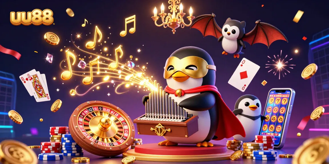 uu88 showcases a vibrant casino scene with a penguin organist, golden coins, and a bat acrobat.