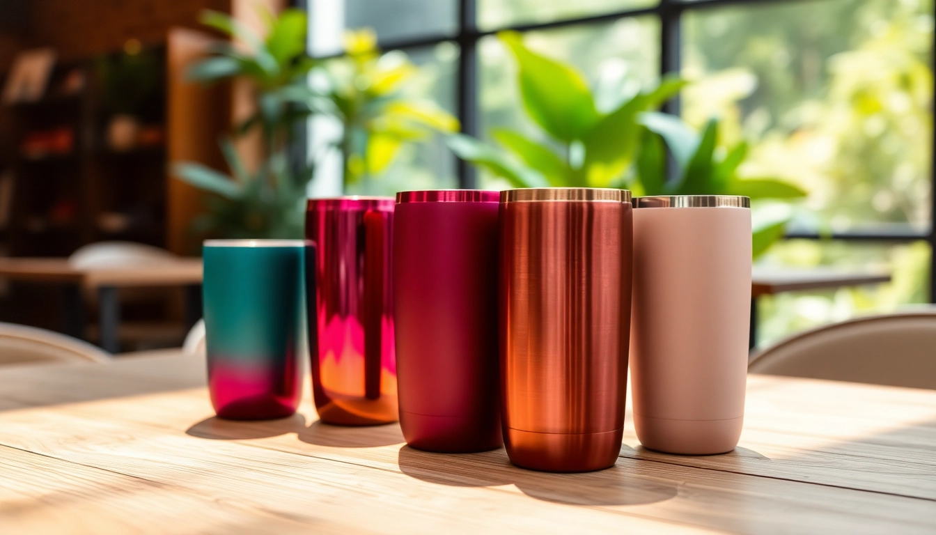 Stylish Tumblers displayed on a wooden table in a cozy café, showcasing vibrant colors.