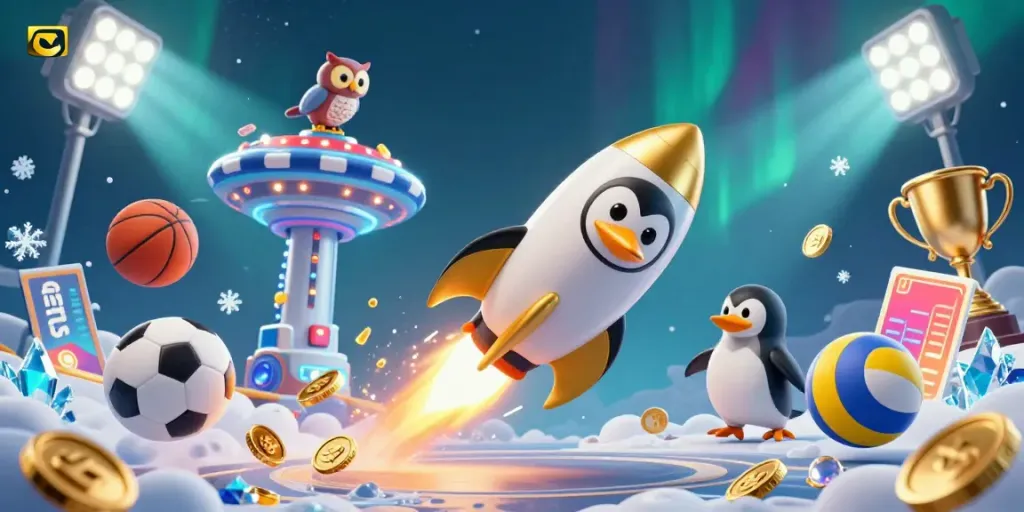 Bet on mubet as a golden penguin flies towards a casino space station amidst vibrant sports elements.