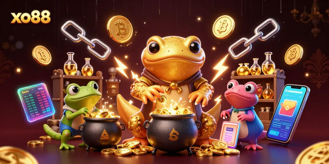 The xo88 casino showcases a whimsical scene of a golden salamander alchemist amidst gleaming coins and digital elements.
