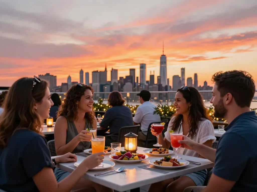 NoHu Rooftop Bar sunset dining scene with skyline views and vibrant cocktails.