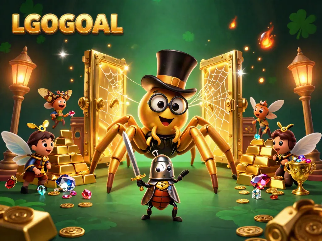 Experience LGOGOAL's thrilling atmosphere with a golden tarantula and beetle knight in a dynamic casino scene.
