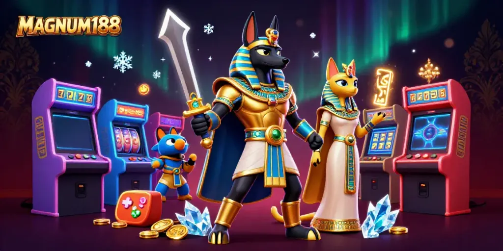 Experience the action of MAGNUM188 with vibrant characters and gaming elements in a luxurious casino setting.