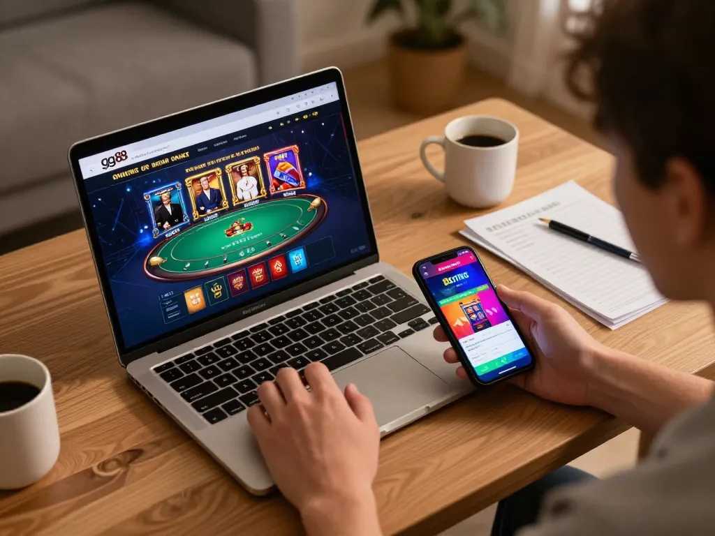 Engaged player exploring gg88 com gaming strategies through a laptop and smartphone in a stylish home setup.